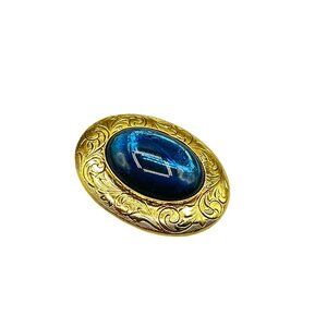 Vintage Gold Tone Brooch with Blue Acrylic Cabochon Ornate Oval Pin